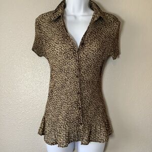 Vintage Y2K Retro Brown Whimsical Boho Office Siren Crinkle Button Up Shirt M